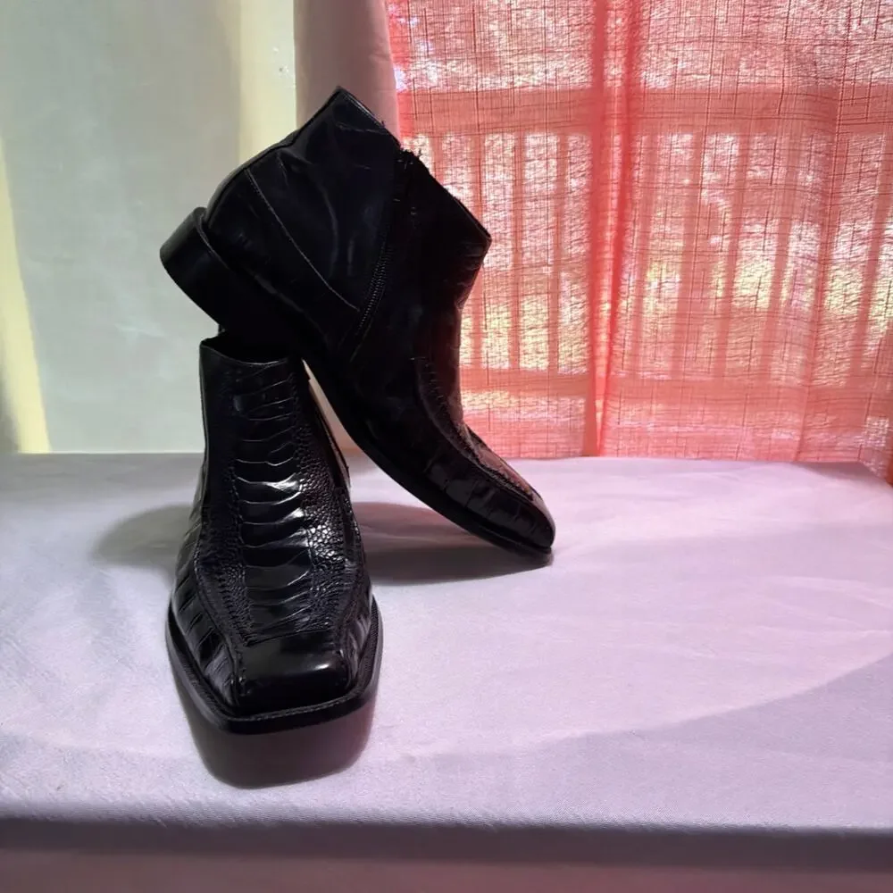 Stacy Adam Alligator Black Leather Square Toe Zip Ankle Dress Boots Mens 9